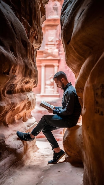 Man eading a book in Sandstone cave Petra travel Jordan