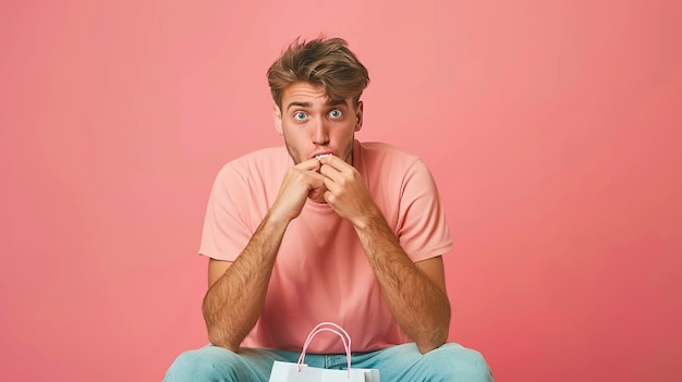 a man eating a bag with a pink background behind him