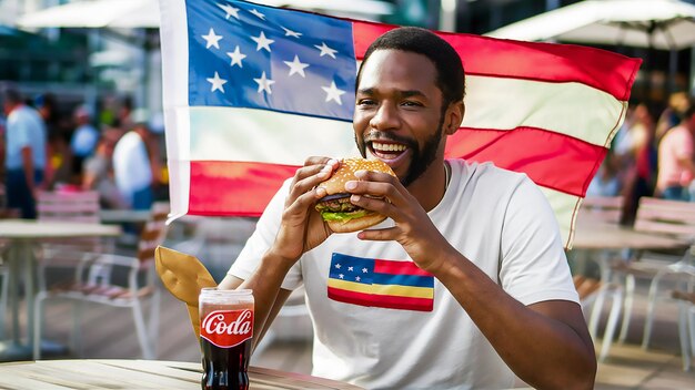 a man eating a burger and holding a coca cola bottle