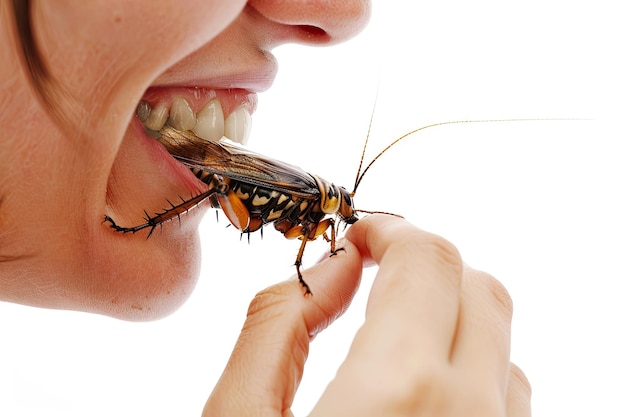 Man Eating Insects Person Profile Brings Insects to Mouth Fried Insect Meat Substitute Concept