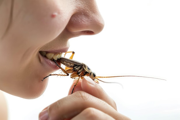 Man Eating Insects Person Profile Brings Insects to Mouth Fried Insect Meat Substitute Concept