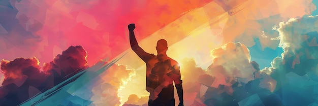 Man Embracing Dawn Silhouette in Vibrant Sky A silhouette of a man raising his fist against