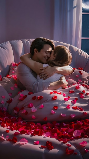 Man embracing behind his girlfriend in a bed with petals