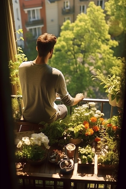 Man embracing a serene morning routine on a sunlit balcony overlooking a vibrant spring garden