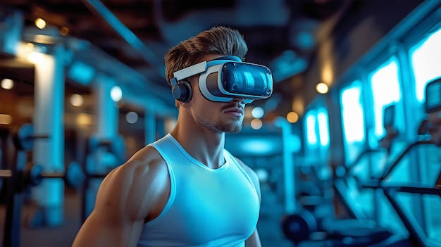 A man engaged in a hightech workout session wearing a virtual reality headset in a modern gym