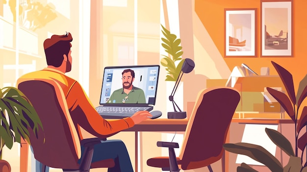 Photo a man engaged in virtual meeting while working from home surrounded by plants and warm sunlight