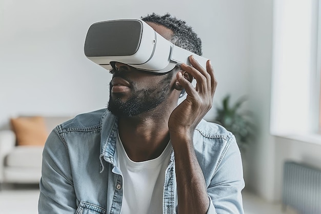 Man Engaging with VR in Cozy Home Environment