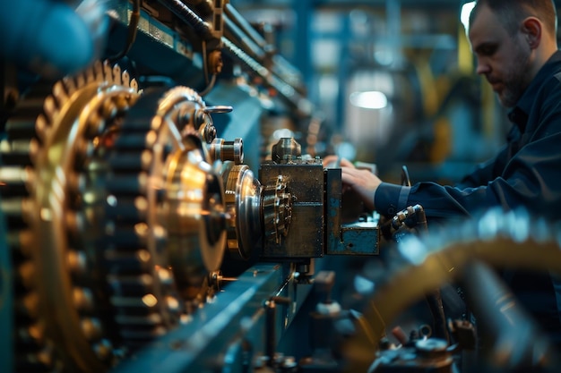 A man an engineer inspecting and working on machinery in a factory setting A closeup of an engineer inspecting machinery for potential malfunctions in a factory