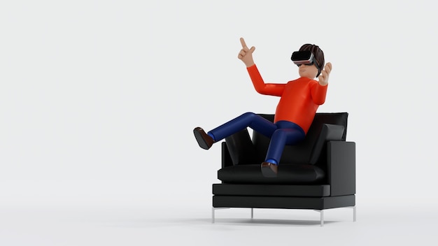 Man enjoy virtual reality with VR glasses and levitation in air technology and gamming 3D rendering cartoon character