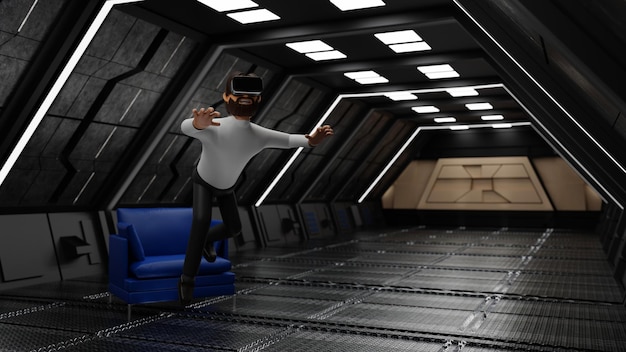 Man enjoy virtual reality with VR glasses and levitation in sci fi spaceship technology 3D rendering