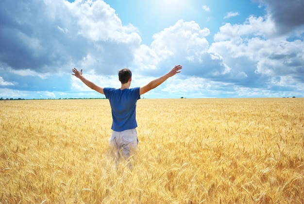 Man enjoy in yellow wheat meadow