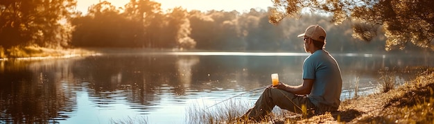 Photo man enjoying a cold drink while fishing at a peaceful lake concept as a candid shot of a man sitting