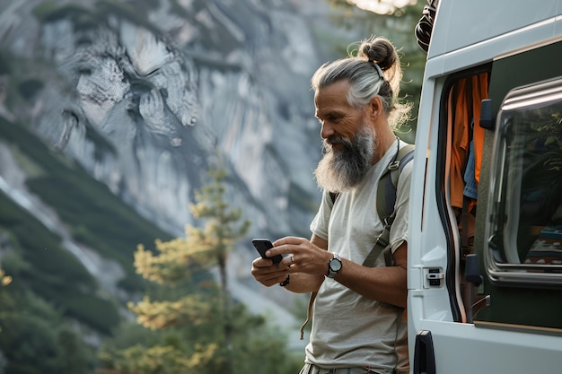 Photo man enjoying nature while using phone outside a camper van