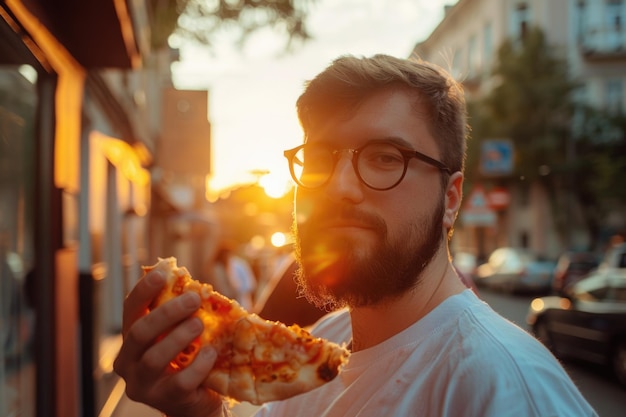 Photo man enjoying pizza slice at sunset