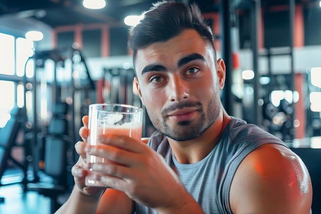 Photo man enjoying a smoothie after working out