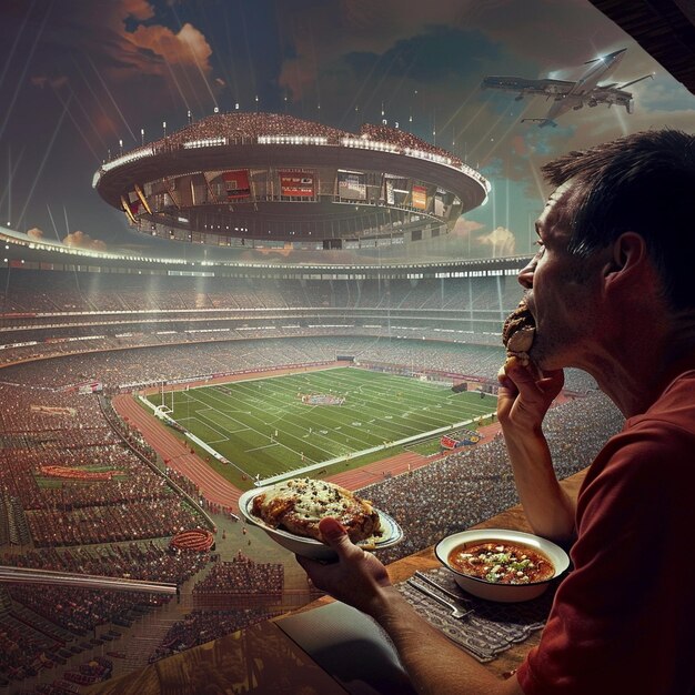 Photo a man enjoys a delicious meal at a bustling sports arena