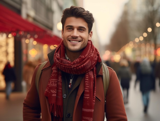 Man enjoys a leisurely stroll through the vibrant city streets