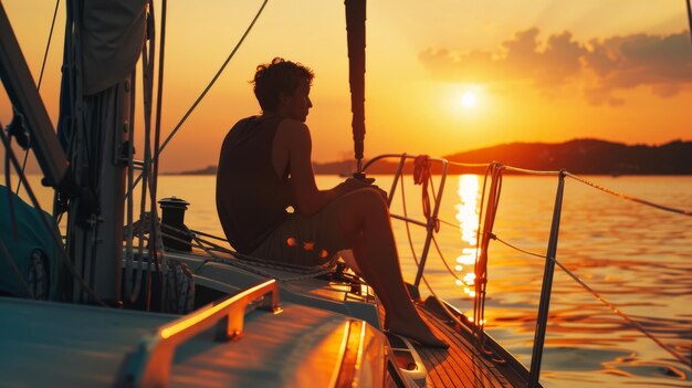 Photo a man enjoys a peaceful moment on a sailboat at sunset reflecting a serene and contemplative atmosphere on the open water