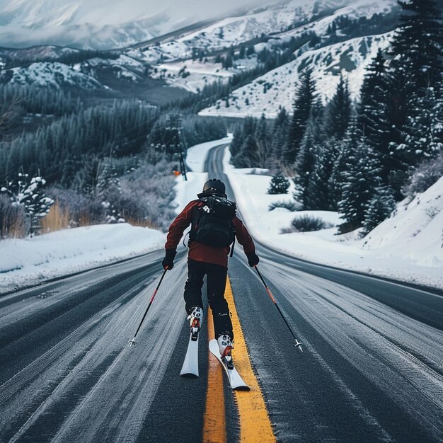 Man enjoys skiing down a scenic road