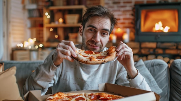 Photo a man enjoys a slice of pizza in a cozy living room surrounded by a warm glow from the fireplace and festive decorations