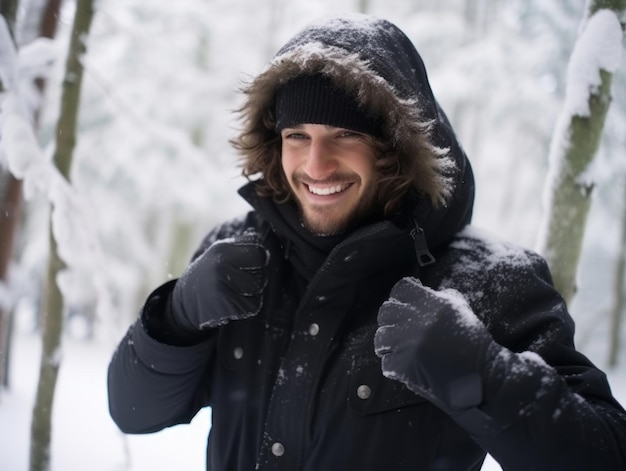 Man enjoys the winter snowy day in playful pose