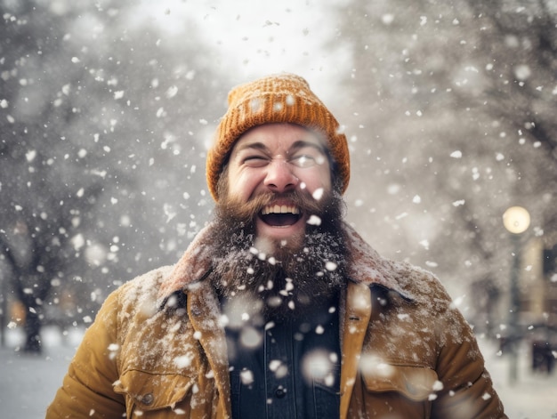 Man enjoys the winter snowy day in playful pose