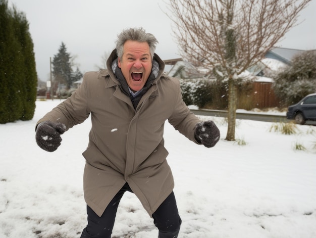 Man enjoys the winter snowy day in playful pose