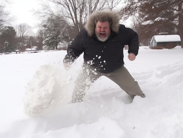 Man enjoys the winter snowy day in playful pose