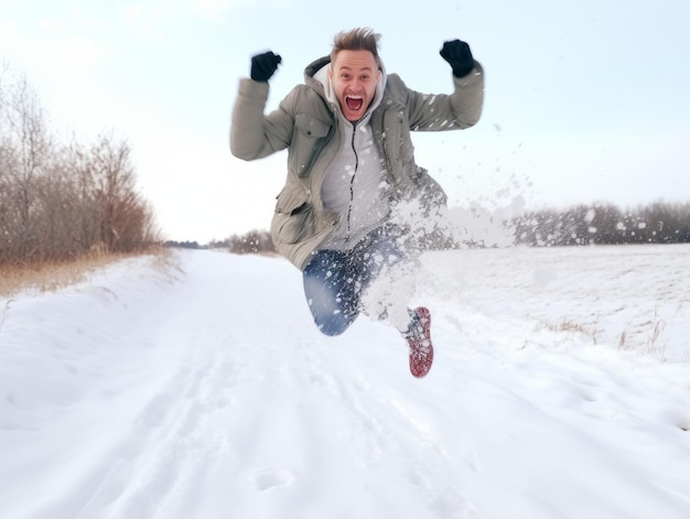 Man enjoys the winter snowy day in playful pose