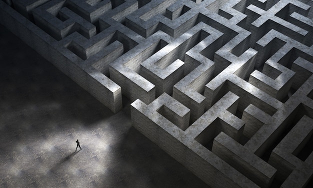 Man entering a huge mysterious maze. Business and life concept. 3D Rendering