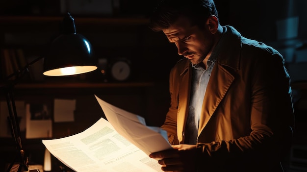 Photo a man examines important documents under a desk lamp late at night in an office showing deep concentration and focus on the task at hand