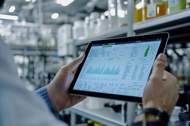 Photo a man examining data on a tablet in a factory setting