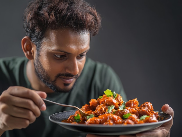 Photo man examining delicious spicy food