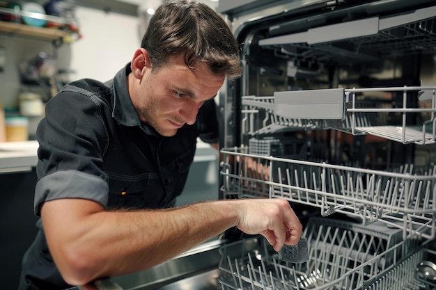 Photo a man examining the inside of a dishwasher in a kitchen setting a handyman carefully inspecting the inner workings of a dishwasher