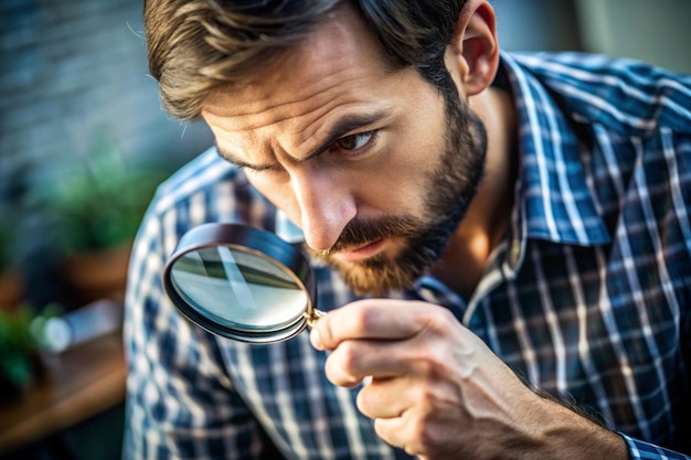 Photo a man examining micro object by a magnifying glass