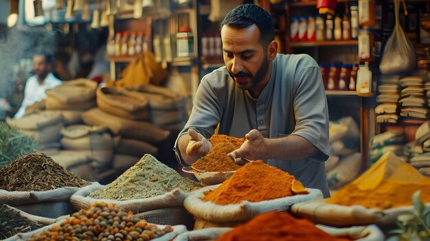 Photo man examining spices in an openair market photo