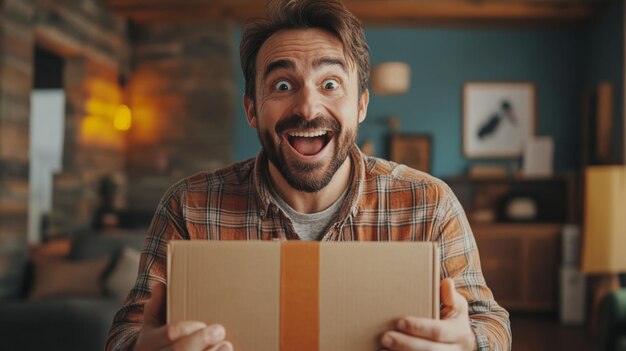 Photo man excitedly holding a package