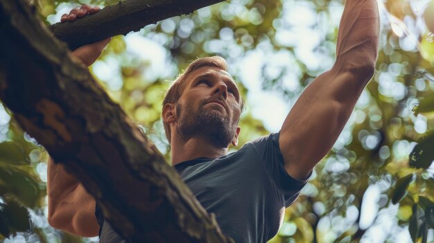 Photo a man exercises on a tree branch demonstrating strength and determination in his fitness routine aig