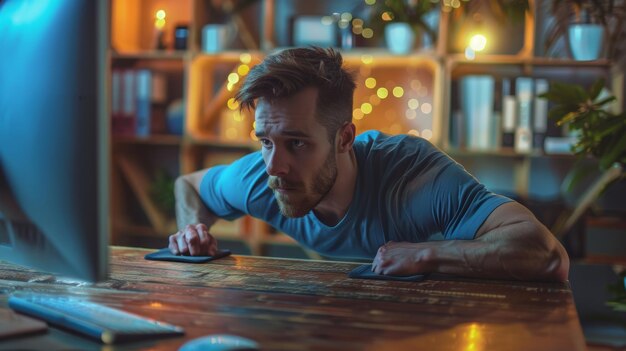 Photo man exercising with pushups during work break at home office focus on health and productivity