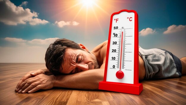 Photo man exhausted by the heat hugging a huge thermometer with a temperature of 50