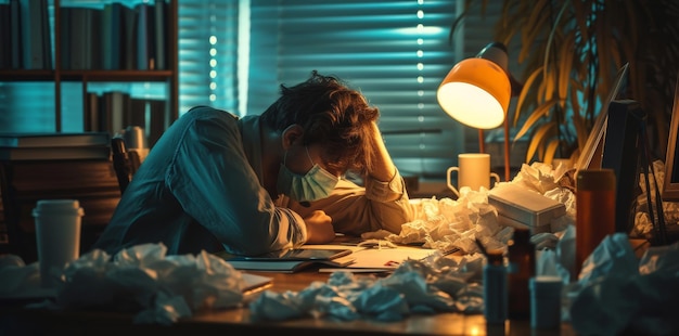 A man exhausted at their desk with tissues and medicine by the lamp