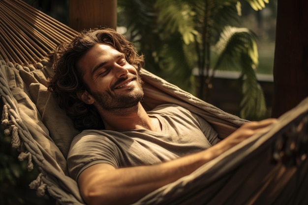 Photo a man experiences pure relaxation as he enjoys a hammock smiling under the warm sunset glow relaxed man rests lying in a hammock ai generated