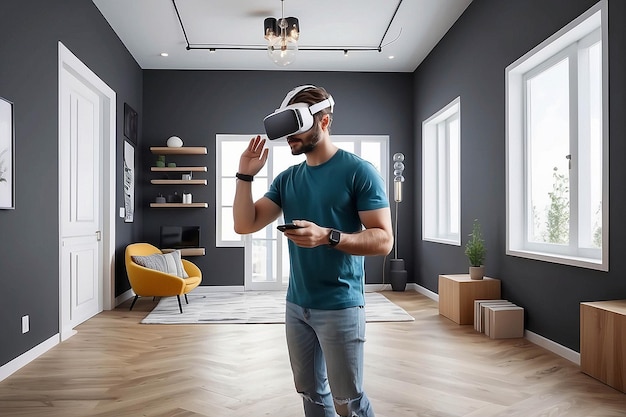 Photo man experiencing interior design with vr glasses in modern house