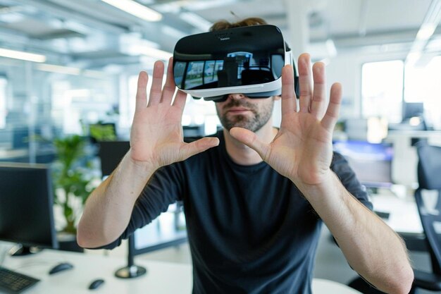 Photo man experiencing virtual reality game wearing vr goggles