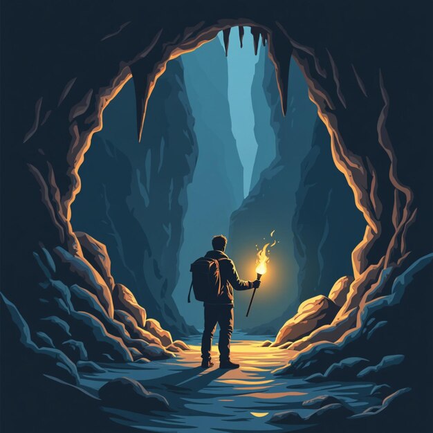 Photo man exploring a dark cave with torch vector illustration of cave adventure