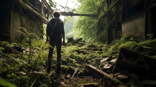 Man exploring a ruined building with plants and vines illustration