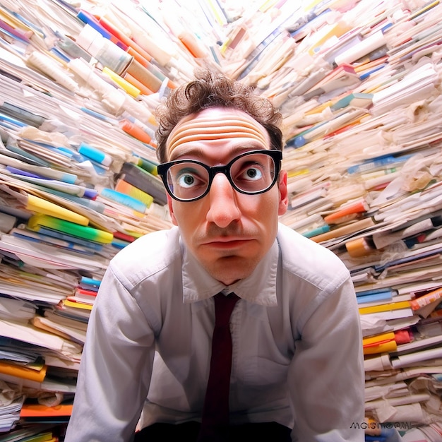 man eyeglasses with books all around him colorful