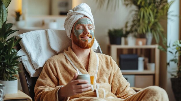 Photo man face under cosmetic mask an elderly man made a cosmetic mask at home relaxation and body care