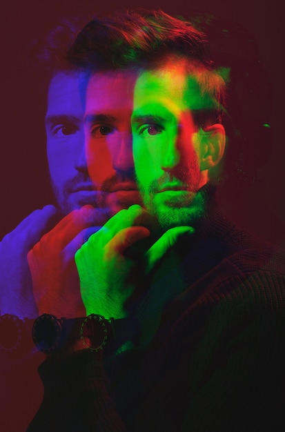 Man face and double exposure with portrait fashion with watch and neon overlay isolated on studio background Color creative aesthetic and style art and cosmetics dark with special effects