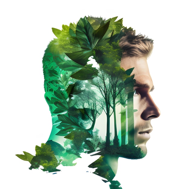 Man Face Leaf Forest Generative AI Natural Tree and Green Theme Nature Double Exposure Effect